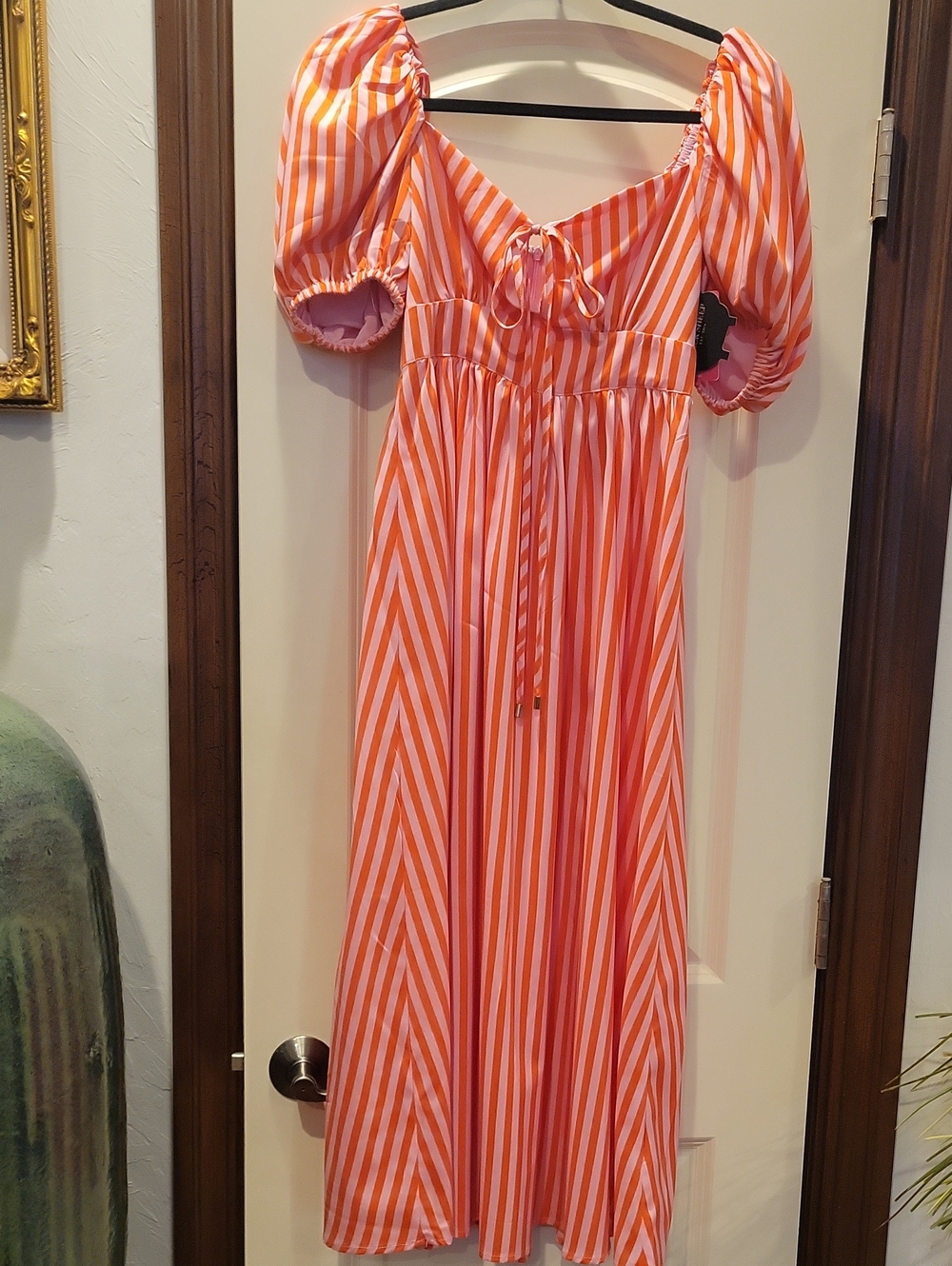 Buddy Love Pink and Orange Striped Puff-Sleeve Maxi Dress